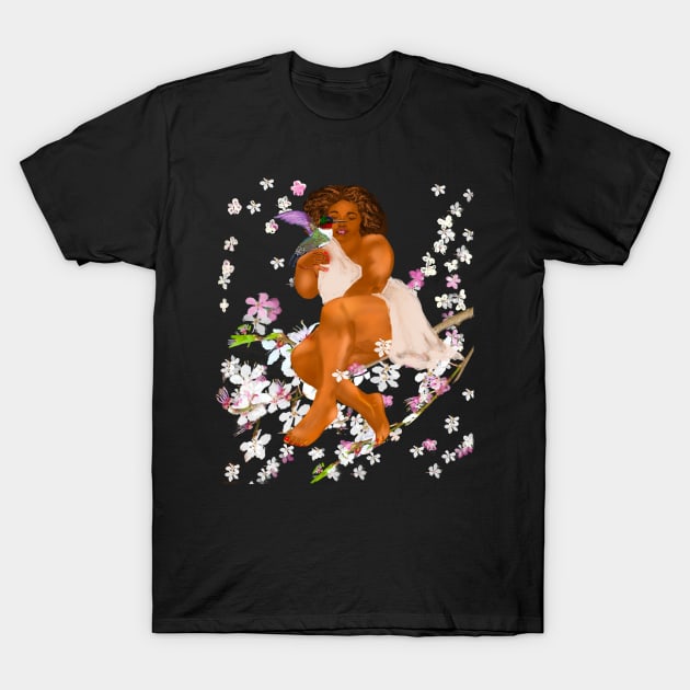 Curvy lady Mother Nature s bounty - Curvy body positive plus size woman with Humming bird  and the First cherry blossoms of spring delicate white  and pink flowers  Flora and fauna foliage T-Shirt by Artonmytee